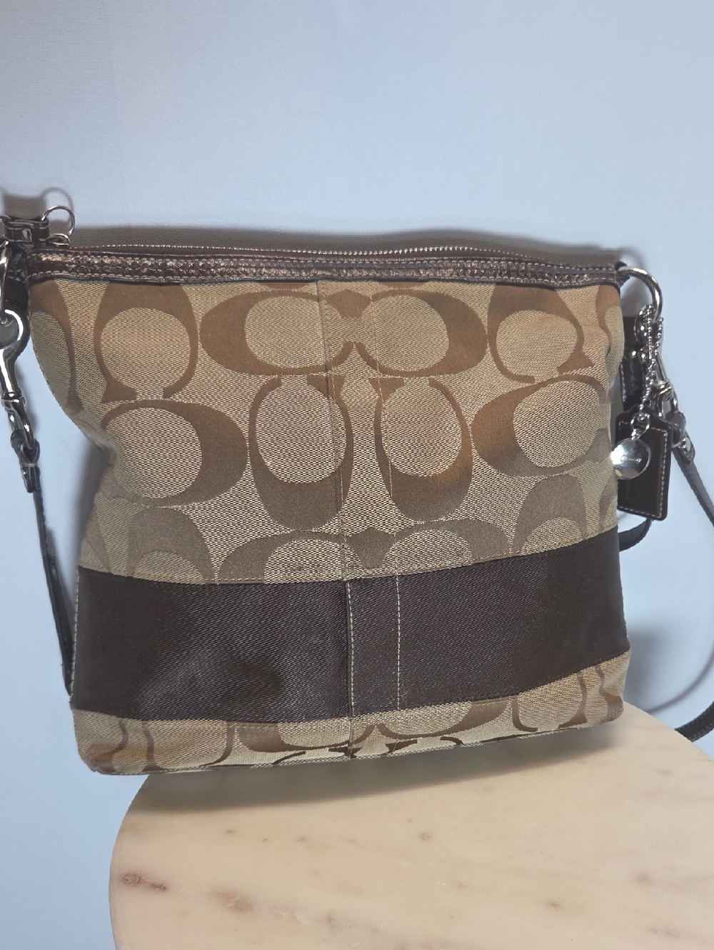 Coach Tan and Brown Signature Crossbody With Shoulder Strap